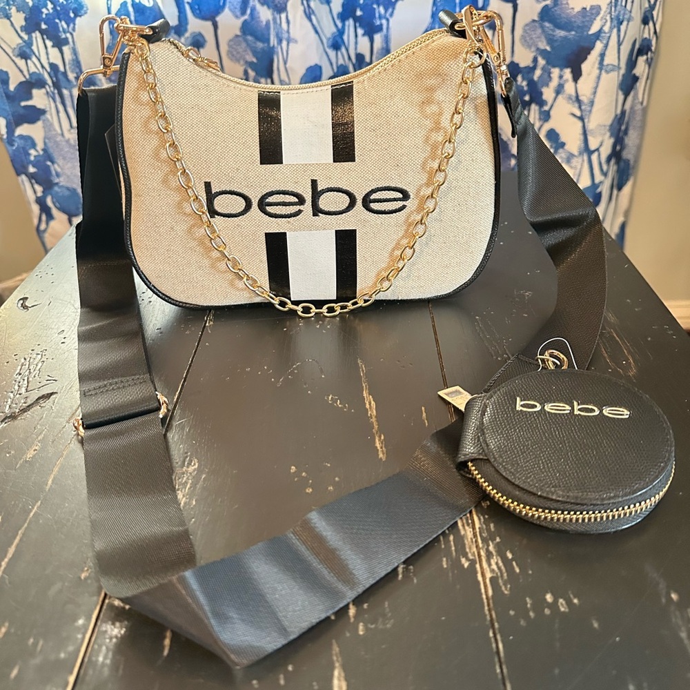 NWT bebe Canvas Logo Shoulder Bag w/ Gold Chain, Wide Strap & Coin Pouch